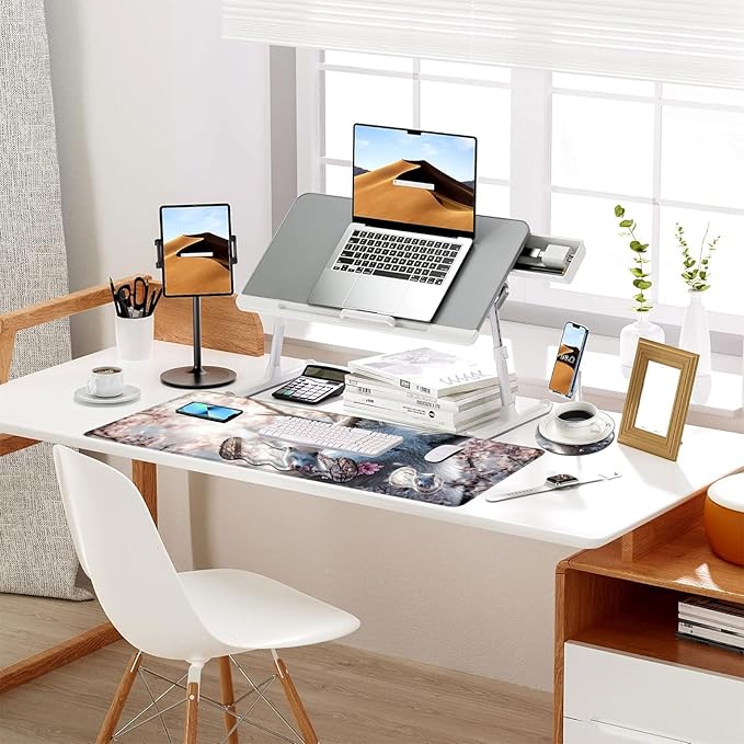 Keyboard Mouse Pad Set Extended Gaming Mouse Pad+Ergonomics Keyboard Wrist Rest Support Memory Foam Easy Typing Pain Relief 4Pcs XL Ultra Thick Desk MatWolf and Cherry Blossoms