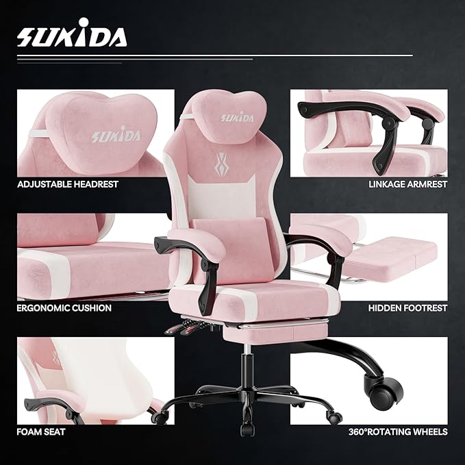 SUKIDA Ergonomic Gaming Chair — Premium Computer Video Gaming Chair with Massage Lumbar Support Adjustable Headrest &amp Footrest Plush Chenille Fabric for Office and Home UsePink