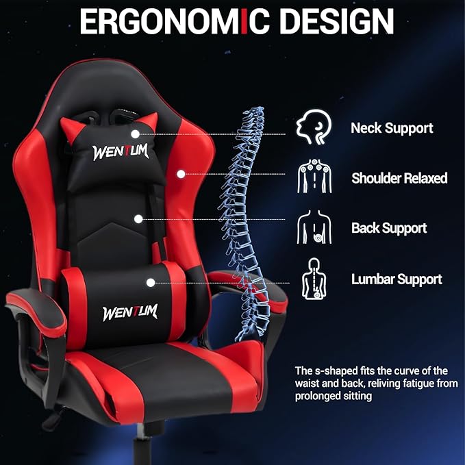 Gaming Chair PU Leather Massage PC Video Game Chair with Lumbar Support for Men Women Home Office Height Adjustable Ergonomic High Back Red