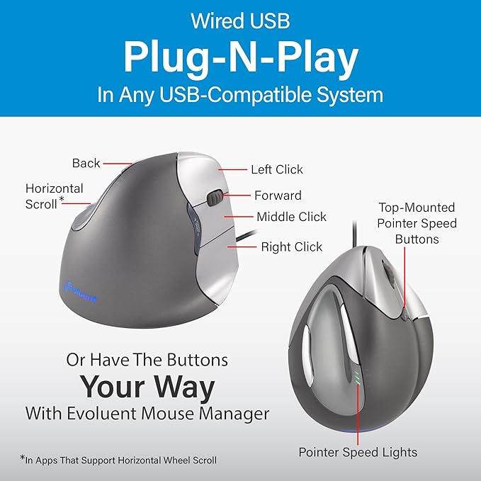 Evoluent – World's Original Vertical Mouse Wired Ergonomic Mouse for Right Hand Medium to Large Helps with Carpal Tunnel and Wrist Strain Customizable 6 Buttons 4 Speed Settings Comfortable Grip