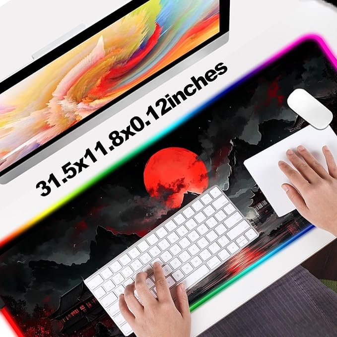 RGB Japanese Dreamy Lakescape Full Moon Gaming Desk Mat Computer Keyboard Large Extended Long LED Mouse Pad for Office and Home XL (W07)