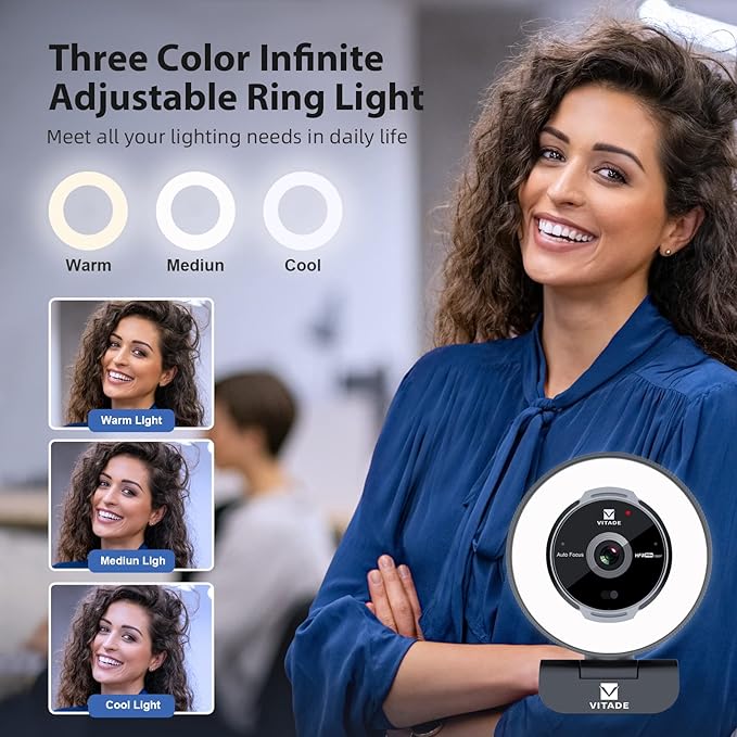 Zoomable Webcam with Remote Control 1080P 60FPS Streaming Webcam with Adjustable Ring Light and Tripod Pro USB 5X Digital Zoom Webcam for Zoom/Skype Teams/Laptop/Mac Windows
