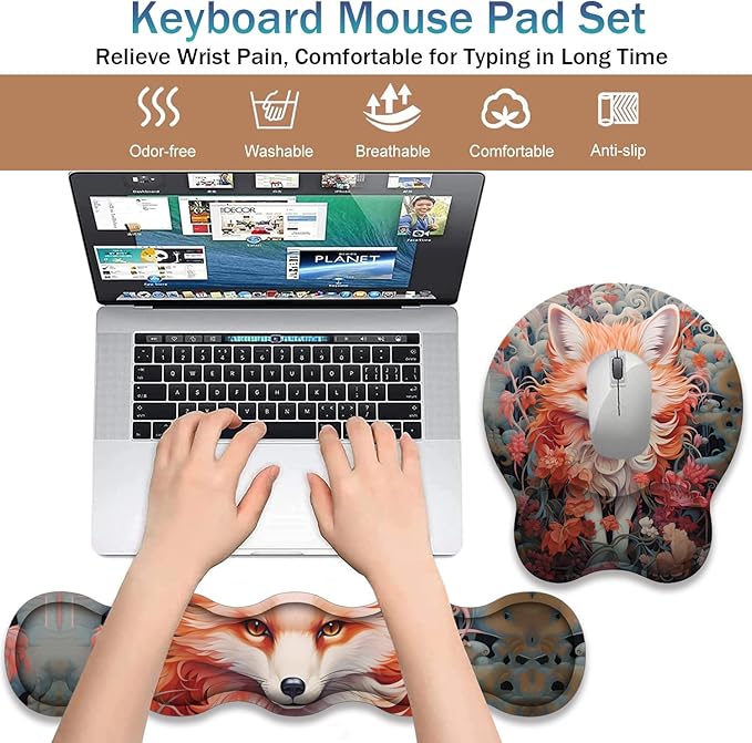 Ergonomic Keyboard Wrist Support Pad and Wrist Support Mouse Pad Anti-Slip with Gel Memory Mouse Pad Set Suitable for Office Use/Home Use - Fox