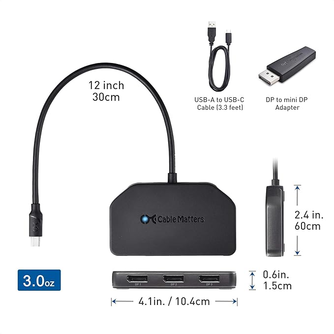 Cable Matters 101075 Triple Monitor Mini DisplayPort/DisplayPort Hub (3X 4K Display Port Splitter) 3-Port DP 1.4 Enabled for 8K and 4K 120Hz HDR for Windows Only NOT Compatible with macOS