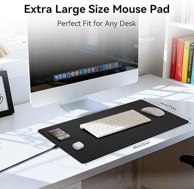 Wireless Charging Mouse Pad 15W Fast Charge Magnetic Charger Desk Pad Large Office Desk Mat (23.4x15.6) with Ultra-Smooth Surface Black Computer Mousepad for MacBook PC Laptop
