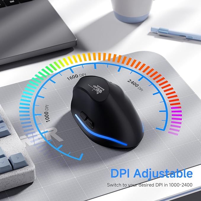 ECHTPower Ergonomic Wireless Mouse Bluetooth Vertical Mouse with LED Light Control Up to 3 Devices (BT5.0+BT5.0+2.4GHz) Adjustable DPI 2400/1600/1000 for PC Laptop Mac Windows