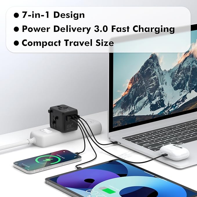 7 in 1 Travel Adapter Worldwide w/GaN 45W 2 USB-A (15W) 3 USB-C (45W) 2 AC Outlets Safety Certified International Plug Adapter for Universal Laptop Phone Camera for US EU UK AU