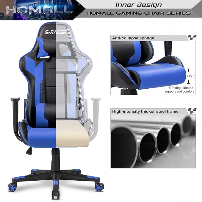 Homall Gaming Chair Office Chair High Back Computer Chair Leather Desk Chair Racing Executive Ergonomic Adjustable Swivel Task Chair with Headrest and Lumbar Support(Blue)