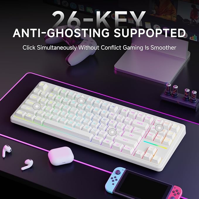 V80 Wired TKL RGB Gaming Keyboard 80% Compact Layout with PBT Keycaps Whisper Quiet Membrane Switch 26-Key Anti-Ghosting Ergonomic Computer Keyboard for Laptop PC Gamer - White