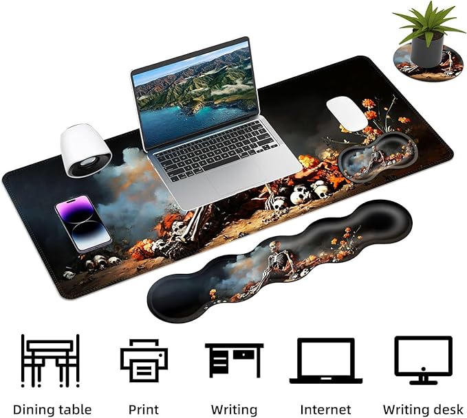 Keyboard Mouse Pad Set Extended Gaming Mouse Pad+Ergonomics Keyboard Wrist Rest Support Memory Foam Easy Typing Pain Relief 4Pcs XL Ultra Thick Desk MatSkeleton with Orange Flowers