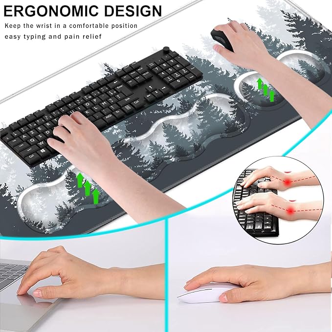 Keyboard Wrist Rest and Mouse Pad with Wrist Support Set Ergonomic CoasterMemory FoamEasy Typing Pain ReliefLarge XL Desk Mat 31.5x 11.8Misty Forest Tree