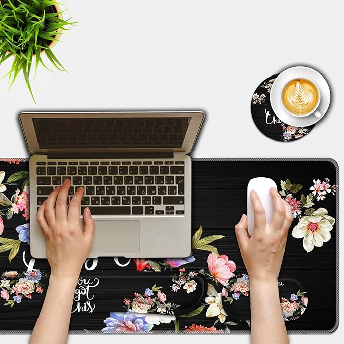 Mouse Pad Set(31.5×11.8 in) Desk Pad + Keyboard Wrist Rest Support + Mouse Wrist Rest + Coaster for OfficeHomeComputerLaptop - 4 Motiavation Quote You Got This