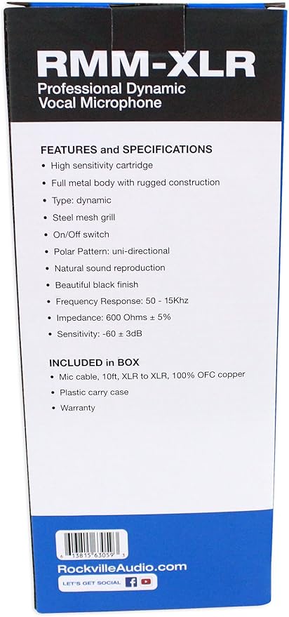 Rockville RMM-XLR Super Cardioid Dynamic Microphone 600 Ohm Metal Body On/Off Switch 10ft XLR Cable Black Finish for Live Performances and Vocals 4-Piece