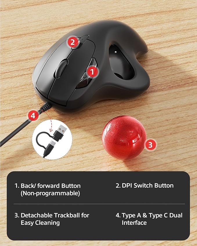 Nulea M509 Trackball Mouse Wired Ergonomic Design Easy Thumb Control Precise &amp Smooth Tracking 2-in-1 Interface (Type A &ampType C) Compatible for PC Laptop Mac Windows(Red).