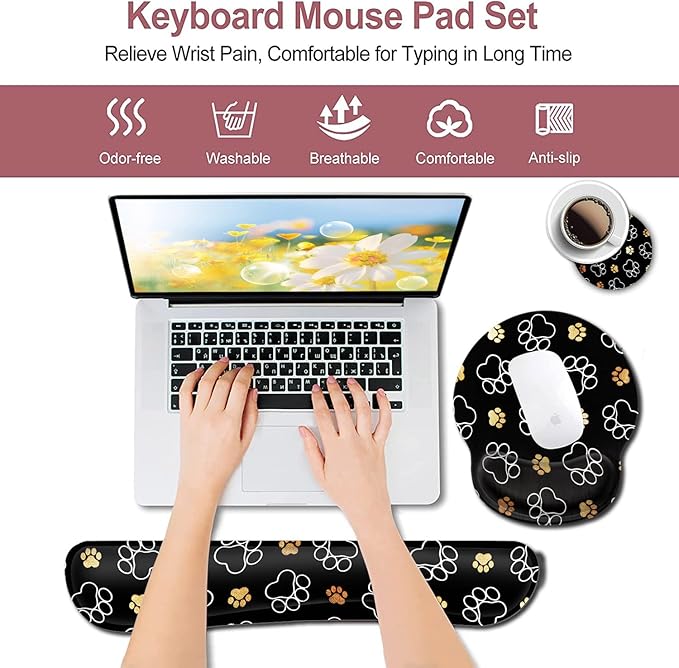 Ergonomic Mouse Pad with Wrist Support Gel Mouse Pad Non-Slip Laptop Computer Keyboard Mousepad for Office &amp Home Quality Memory Foam Keyboard Wrist Rest Dog Paw Prints Gold White Cute Cat Paws
