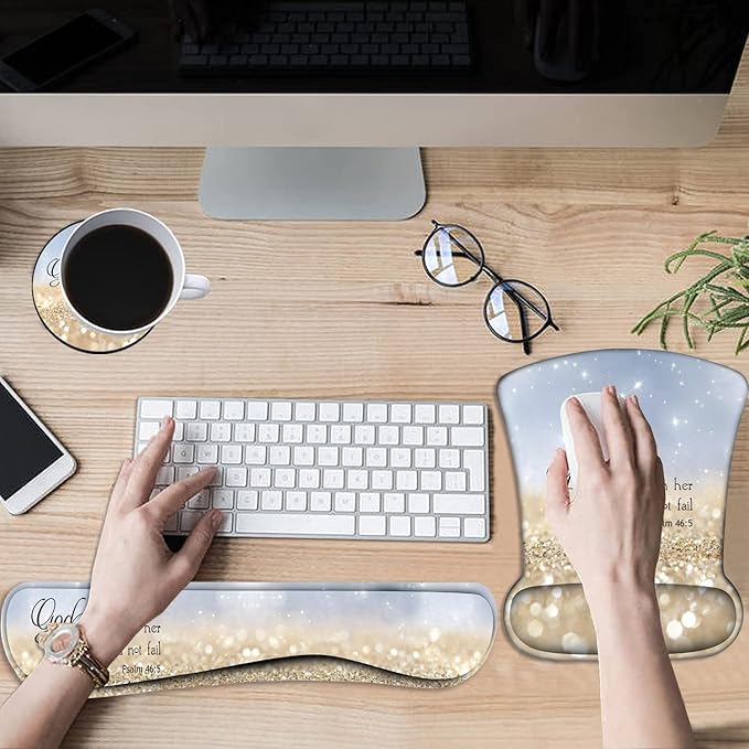 Keyboard Wrist Rest Pad and Ergonomic Mouse Pad Wrist Rest (with Coaster) Set Non-Slip Base &amp with Memory Foam for Easy Typing and Wrist Pain Relief - Bible Verses Psalm 46-5