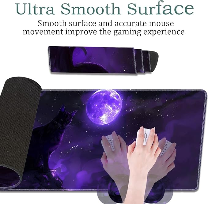 Large Gaming Mouse Pad + Wrist Rest + Lace Coaster Non-Slip Set with Sewn Edges and Waterproof Expandable Desktop Pad Suitable for Office/Home Black Cat and Purple Moon