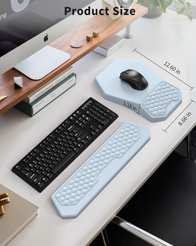 Ergonomic Mouse Pad Wrist Rest Support Massage Design Surface for Carpal Tunnel Pain Relief Memory Foam Non-Slip PU Base for Computer Desk Sky Blue