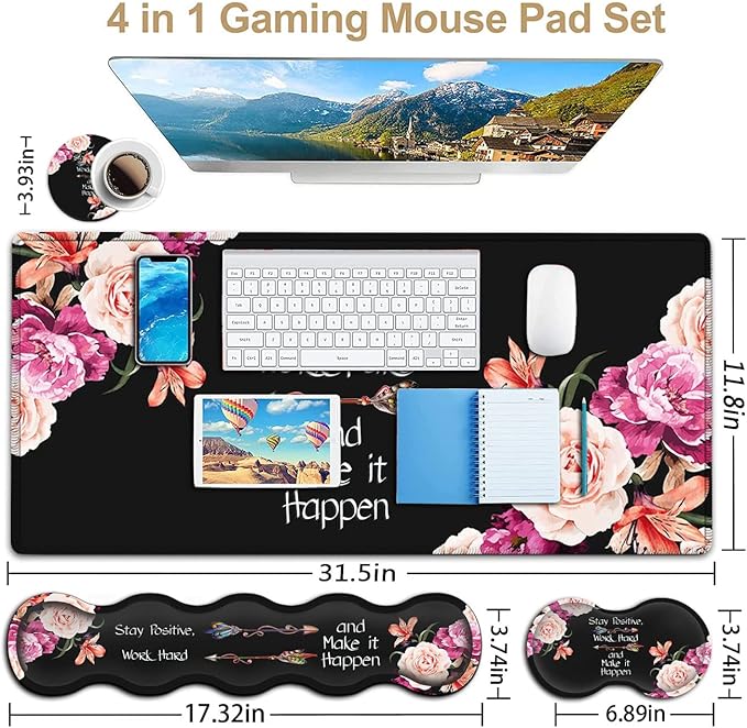 Large Mouse Pad with Wrist Support SetMemory Foam Keyboard Wrist Rest +XXL Extended Gaming Mouse Pad + Ergonomic Mouse Wrist PadPeony Flower Inspirational Quotes Office Black Desk Pad for Women Men
