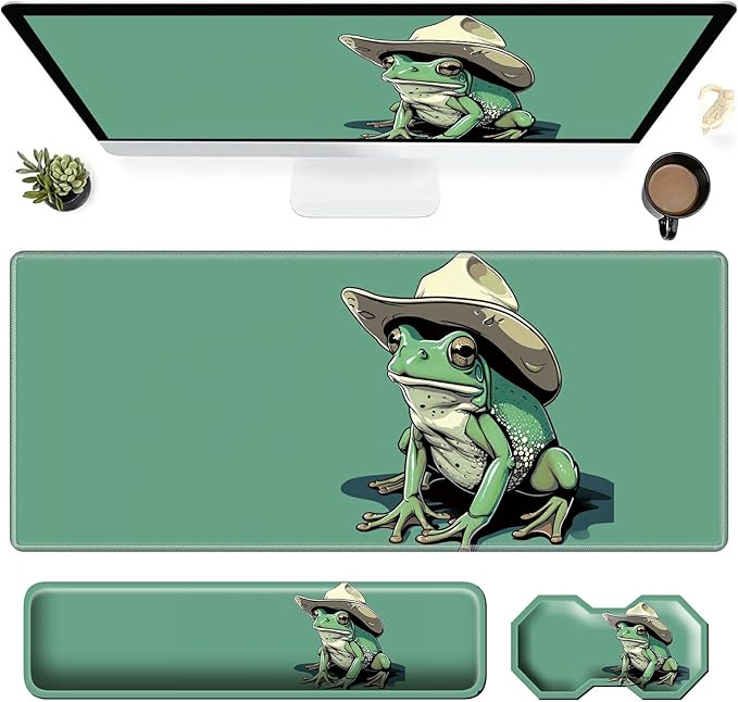 3Pcs Mouse Pad Set Green Frog Large Gaming Mouse Pad with Stitched Edge Ergonomic Memory Foam Keyboard Wrist Support and Mouse Wrist Rest Cushion Pain Relief Non-Slip Desk Pad Combo