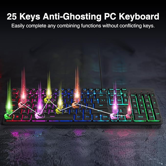 Redragon S107 Gaming Keyboard and Mouse RGB Gaming Keyboard and 3200 DPI Mouse Combo with Large Mouse Pad 25-Key Anti-Ghosting Mechanical Feeling Keyboard Plug &amp Play to PC Laptop