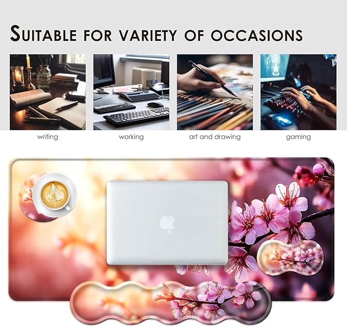Large Keyboard Mouse Pad Set Extended Mouse Pad+Keyboard Wrist Rest Support Memory Foam Ergonomic Easy Typing 4Pcs (31.5×11.8 in) Desk Pad Set for Office HomeCherry Blossom Floral
