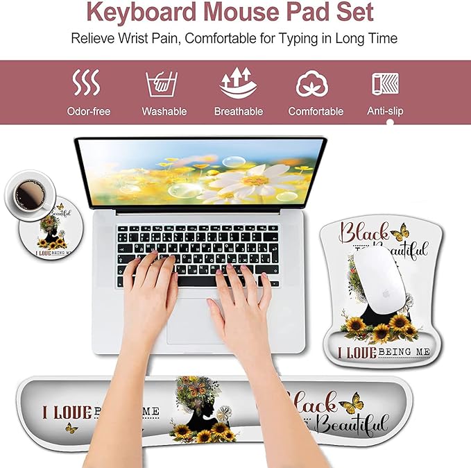 White Mouse Pad with Stitched Edge Non-Slip Rubber Base Black Women Butterfly Faith Art and Sunflower Office Accessories Desk Decor for Computers with Wrist Guard and Keyboard Wrist Guard Set