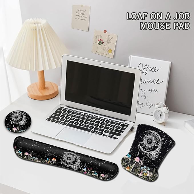 Keyboard Wrist Rest and Mouse Pad with Wrist Support Ergonomic Gel Mouse Pad for Easy Typing Pain Relief Memory Foam Keyboard Wrist RestSun Moon Wildflowers Butterfly Starry Sky Black Mousepads