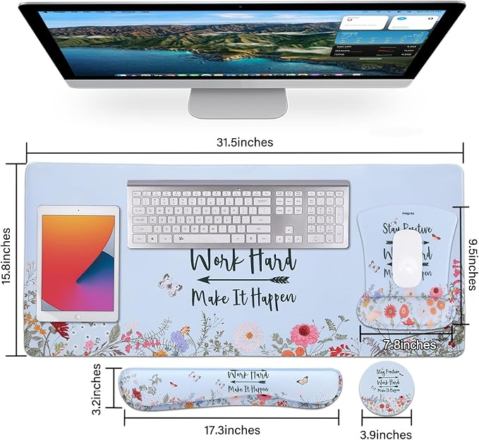 MEGREZ 4-in-1 Ergonomic Memory Foam Wrist Rest Set Desk Pad Mouse Pad with Wrist Rest Keyboard Pad Suitable for Office Workers Programmers &amp Gamers–Relieve Typing &amp Gaming Fatigue Light