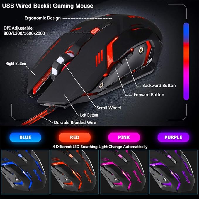 BlueFinger RGB Gaming Keyboard and Backlit Mouse Combo USB Wired LED Gaming Set for Laptop PC Computer Game and Work