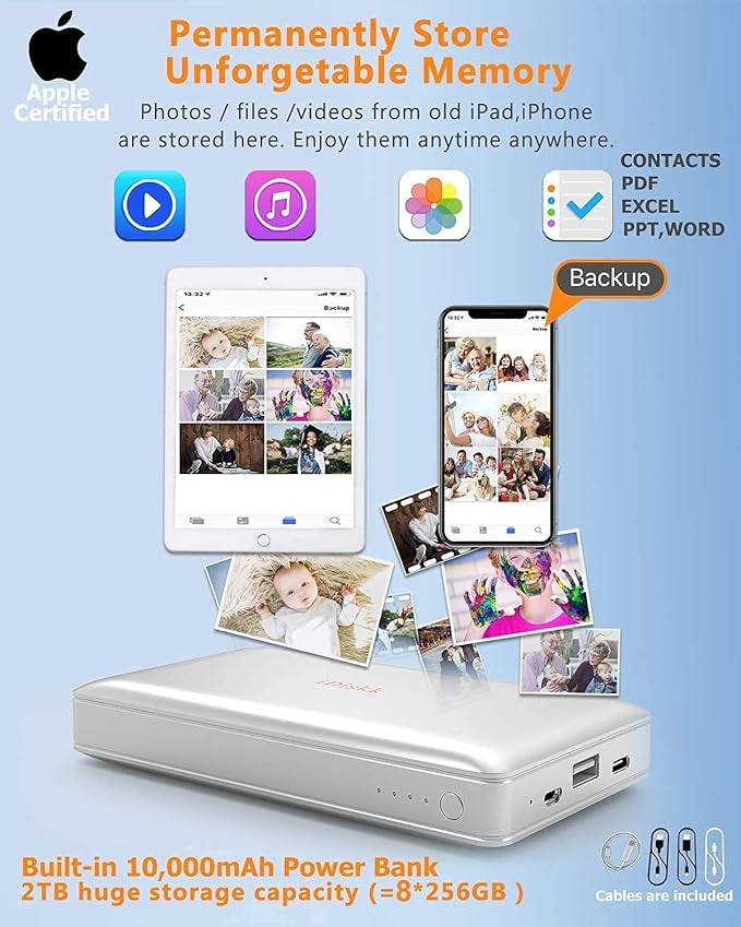 iDiskk App-le Mfi Certified 2TB External Hard Drive for Photo Stick for iPhone 17 and 16iPad Android Phones MaciPhone Photo Stick Photo Storage to Backup Photos | Videos | Files10000mAh Power Bank