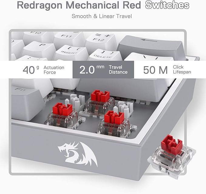 Redragon K617 Fizz 60% Wired RGB Gaming Keyboard 61 Keys Hot-Swap Compact Mechanical Keyboard w/White and Grey Color Keycaps Linear Red Switch Pro Driver/Software Supported