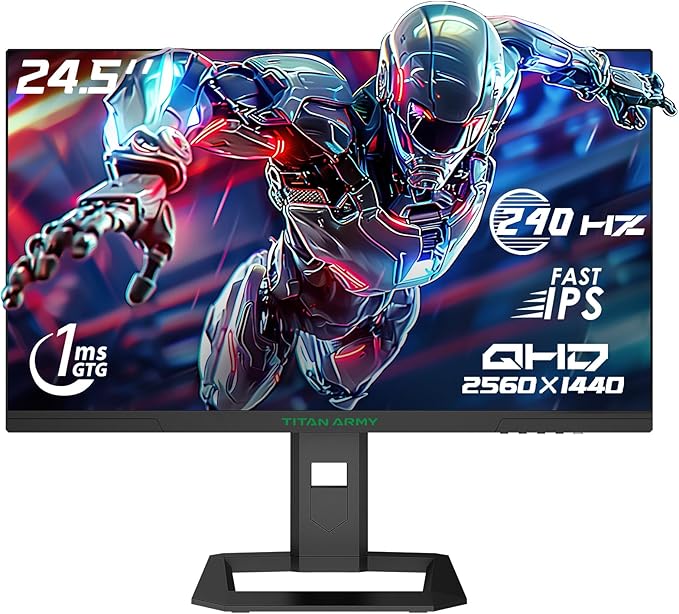 TITAN ARMY 24.5 Inch 240Hz 1440p Gaming Monitor QHD 2560 x 1440p Fast IPS Panel 1ms GTG Response Time Adaptive Sync 126% sRGB HDR 500 Low Blue Light VESA 100x100 P2510S Plus