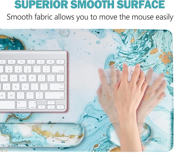 ARTSO Large Gaming Mouse Pad Keyboard Wrist Rest Pad &amp Wrist Support Mousepad Set Stitched Edge Extended Non-Slip Base Memory Foam Desk Mat 4pcs for Office &amp Home Teal Turqoise Marble