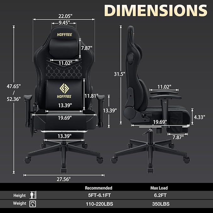 HOFFREE Gaming Chair Suede Fabric with Speakers Massage Gaming Chairs with Pocket Spring Cushion 165° Reclining Computer Office Chair for Adults Ergonomic Computer Chair with Footrest Black