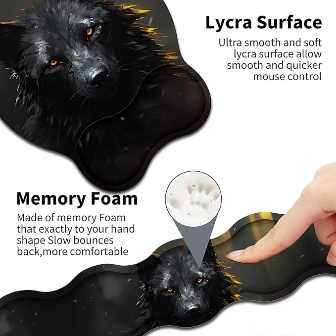 Keyboard Wrist Support + Wrist Mousepad + Coaster Combination Non-Slip PU Base with Gel Memory Mousepad Suitable for Gaming Office Pain Relief Mousepad Set - Black Wolf
