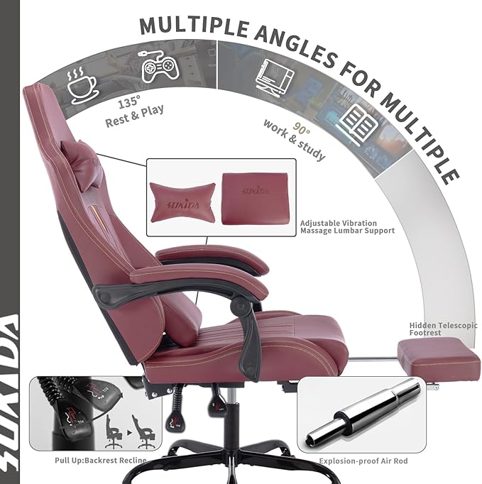 Gaming Chair with Footrest Ergonomic Computer Chair Massage Lumbar Cushion Racing Video Game Chair Adjustable Rocker Recliner Executive Office Desk Chair Pu Leather for Adults
