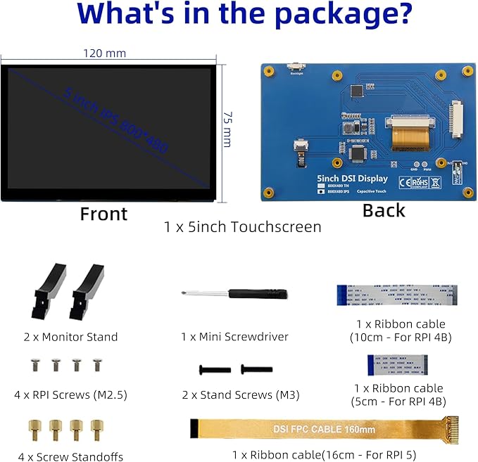 5 Inch Raspberry Pi Touchscreen 800x480 DSI IPS LCD Display 5-Point Touch Capacitive Screen Monitor for Raspberry Pi 5/4B/3B+/3B/B+/A+ Driver-Free