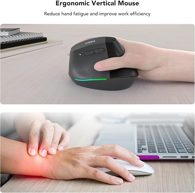 KYSONA Wireless Ergonomic Mouse Vertical Mouse Bluetooth Ergo Mouse Quiet Click 5 Level Adjustable DPI(800/1200/2400/2400/4000) Rechargeable 2.4G Mice Computer PC Mac Laptop Black