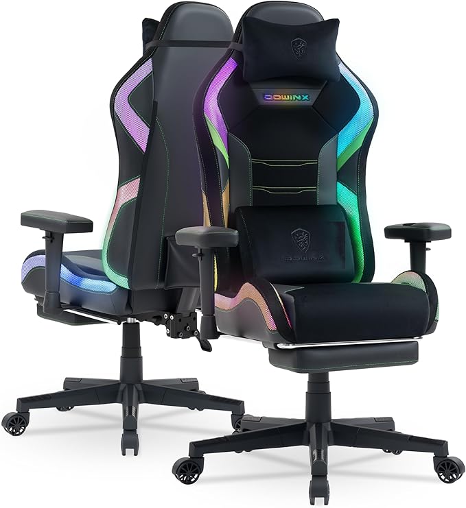Dowinx Gaming Chair with RGB LED Lights Ergonomic Game Chair with Footrest Massage Lumbar Support Computer Gamer Chair for Adults Teens Black Green