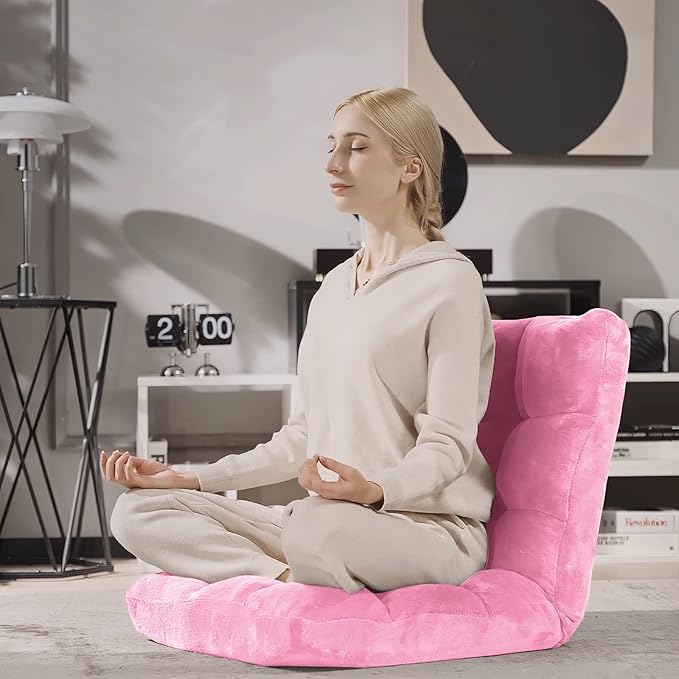 Byroce Folding Floor Gaming Chair 14-Position Adjustable Lazy Padded Sleeper Sofa Bed with Back Support Couch Recliner Floor Chair for Meditation Reading in Bedroom Living Room (Pink)