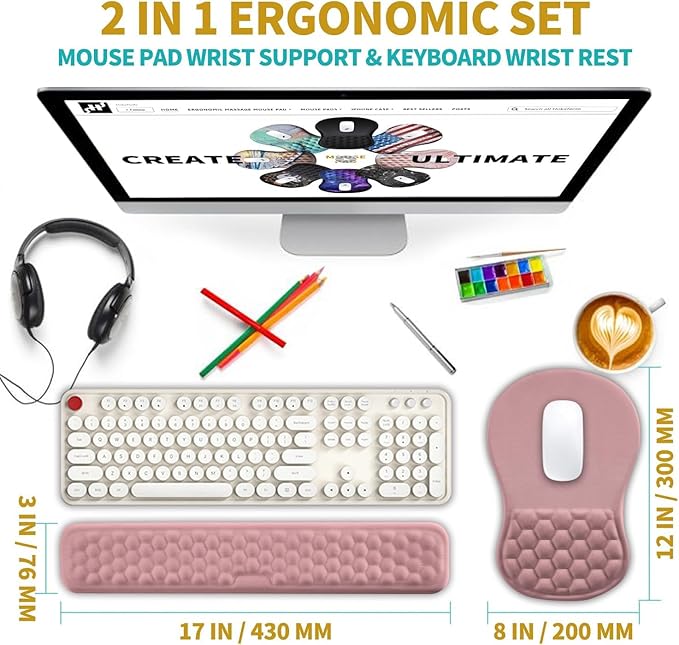 Hokafenle 2 in 1 Ergonomic Mouse Pad Wrist Support &amp Wrist Rest for Computer Keyboard Set with Relieve Carpal Tunnel Pain Massage Bulge and Full Memory Gel Design (2In1 Set Pink)