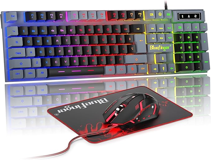 BlueFinger RGB Gaming Keyboard and Backlit Mouse Combo USB Wired LED Gaming Set for Laptop PC Computer Game and Work(Gray &amp Black)