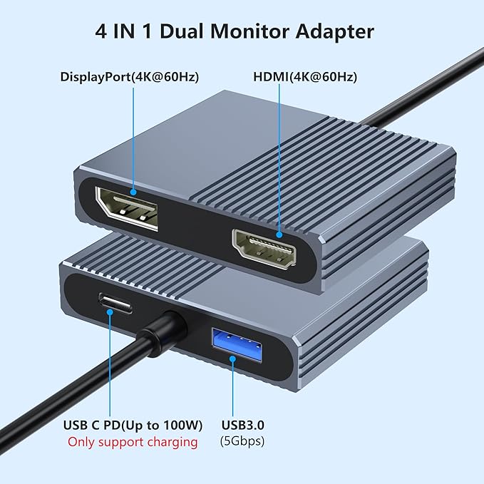 USB C to HDMI and DisplayPort Adapter 4K @60Hz Dual Monitor Adapter for Dell/HP/Mac Laptops USB Type C to Display Port and HDMI Multiport with USB3.0/PD USB C Hub Docking Station Dual Monitor