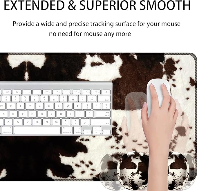 Large Gaming Mouse Pad + Mouse Wrist Rest Pad + Coaster Combination 31.5 x 11.8 Durable Non-Slip Extension Table Mat Suitable for Office and Home Cow Hide Print