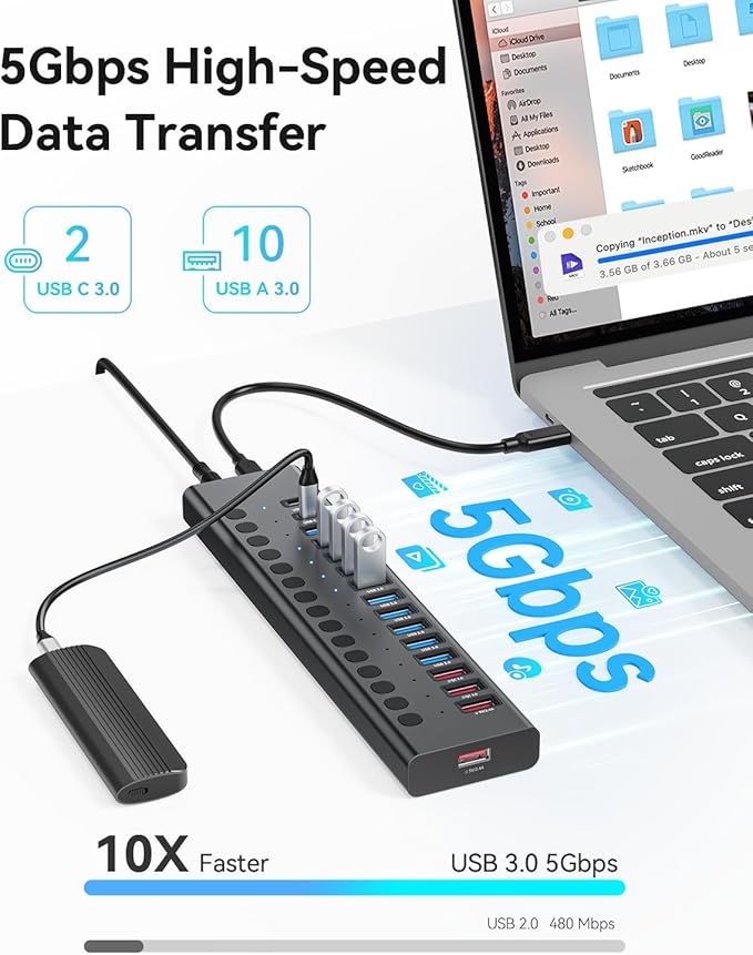 Powered USB Hub AGEEN 16-Port USB 3.0 Hub (10 USB-A 3.0+2 QC 24W Fast Charging+2 Smart Charging+2 USB-C 3.0 Ports) 12V/8A 96W UL Certified Power Adapter for PC Laptop HDD Flash Drive (16-Port)