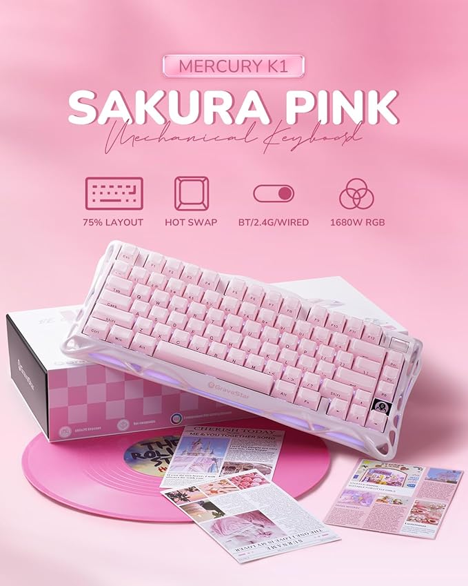 GravaStar Mercury K1 75% Pink Wireless Keyboard Aluminum Alloy Exoskeleton Design Mechanical Gaming Keyboard Gasket Hot-Swap Socket Linear Switches RGB Backlit