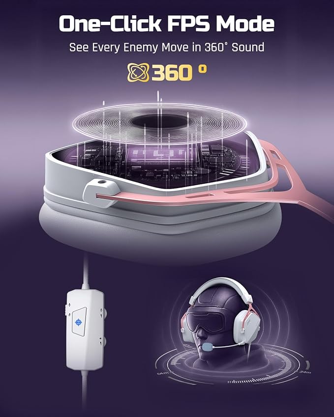 NUBWO HG03 USB-A Gaming Headset with 7.1 Surround and FPS Sound Wired Headphones with Noise Canceling Mic Comfortable Design for PC Laptop - White Pink