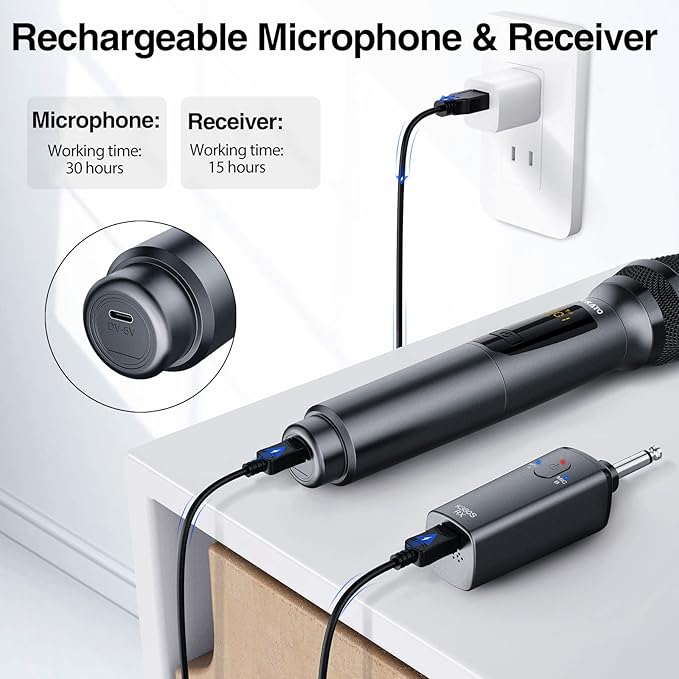 LEKATO Wireless Microphone Rechargeable Wireless Microphones with Receiver Dual Handheld Microphone System Dynamic MIC for Singing Speech Wedding ChurchSpeaker PA System(K380S)