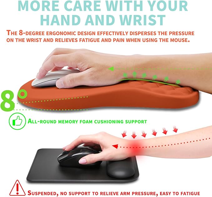 Ergonomic Mouse Pad Wrist Support with Memory Foam Massage Bulge Carpal Tunnel Pain Relief Mousepad Wrist Rest for Mouse(12x8 inch Orange)